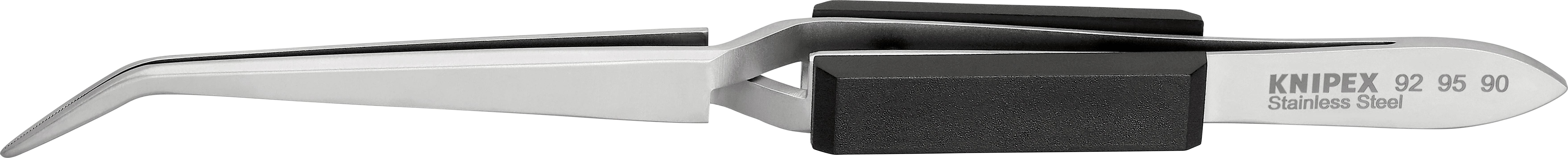Pinzetta in acciaio inossidabile argentata, leggermente curva, di Knipex, adatta a lavori di precisione, come l'afferrare oggetti di piccole dimensioni.