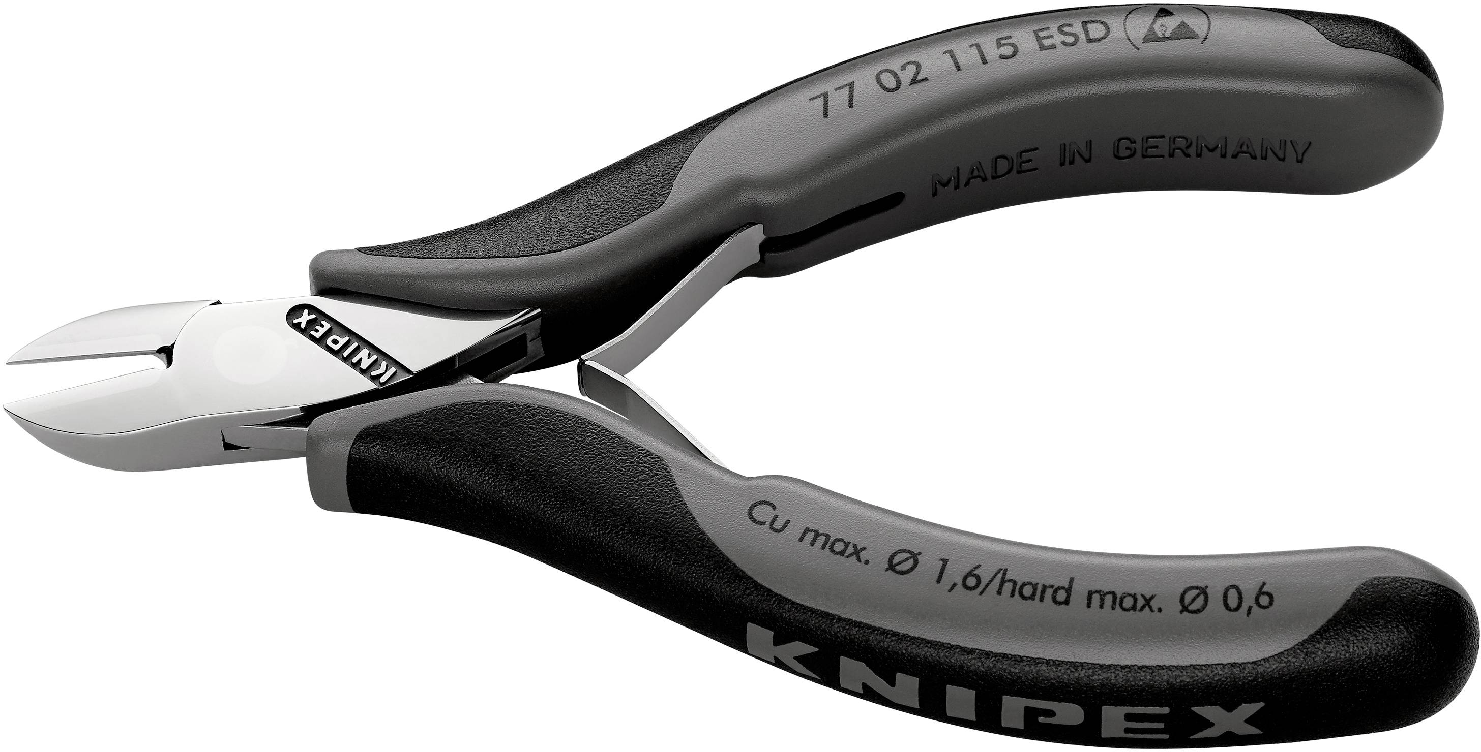 Una pinza laterale Knipex con manici neri e scritta 'Made in Germany'. Adatta per tagliare fili di metallo fino a 0,6 mm di durezza.