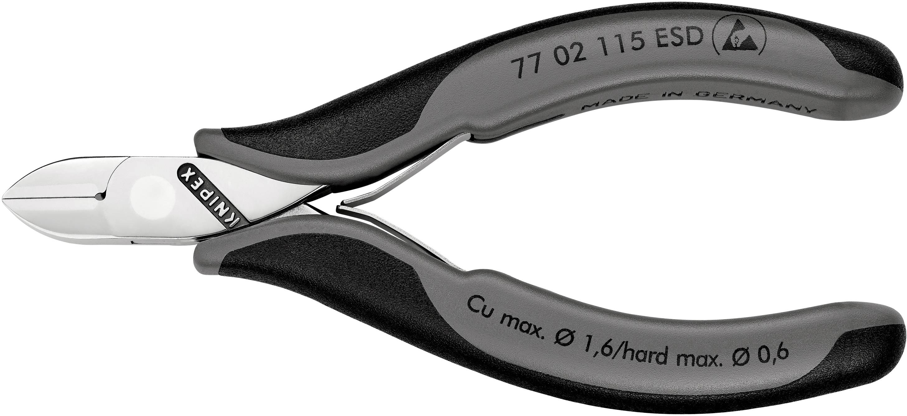 Tronchese KNIPEX 77 02 115 ESD con impugnature ergonomiche. Progettata per lavori di precisione. Adatta per fili morbidi e rigidi.