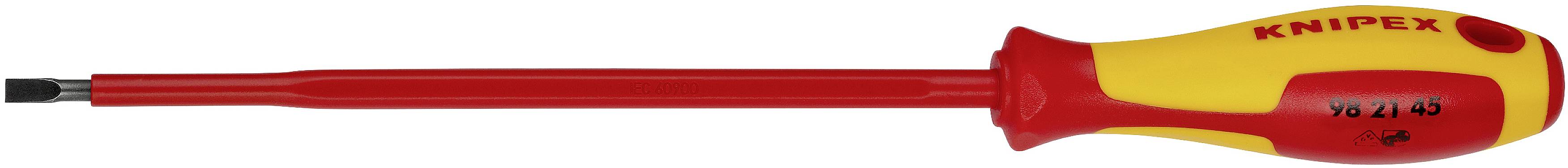 Un cacciavite Knipex isolato con impugnatura giallo-rossa e testa piatta nera.