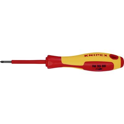 Un cacciavite con impugnatura gialla e rossa. Sull'impugnatura è riportato 'KNIPEX 98 25 00'.