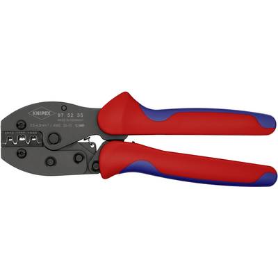 Pinza crimpatrice con impugnature rosse e blu, adatta per spelare e crimpare cavi; in metallo, contrassegnata con 'KNIPEX'.