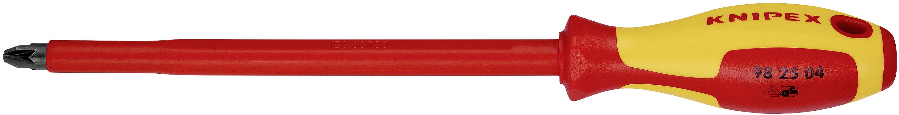 Un cacciavite isolato con impugnatura rossa e gialla, marchio 'KNIPEX', con punta PH2. Ideale per lavori elettrici.