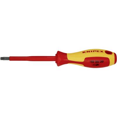 Un cacciavite isolato con impugnatura gialla, asta rossa e punta Torx. Impugnatura con scritta 'Knipex'.