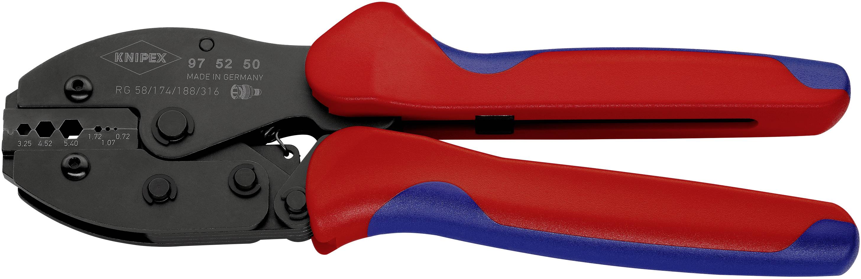 Una pinza crimpatrice rossa e blu con testa nera, adatta per collegare cavi e connessioni elettriche, su sfondo bianco.