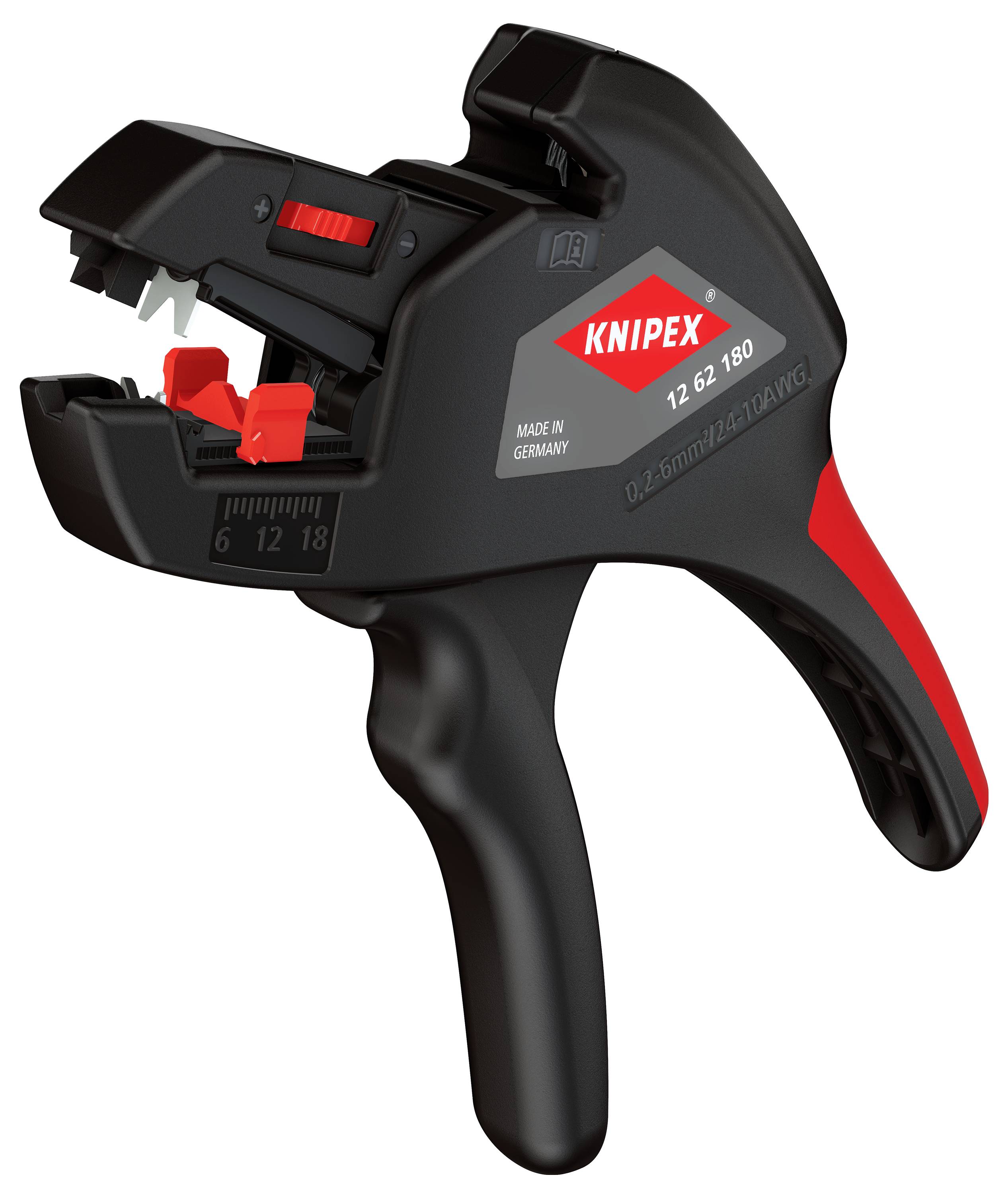 Utensile per spellare fili con design nero e rosso etichettato 'Knipex 12 62 150,' con marcature di misurazione.
