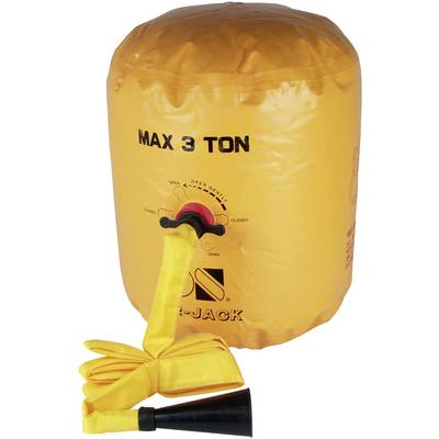 Sollevatore pneumatico giallo con scritta 'Max 3 Ton', idoneo per sollevare veicoli pesanti, completo di pompa e tubo.