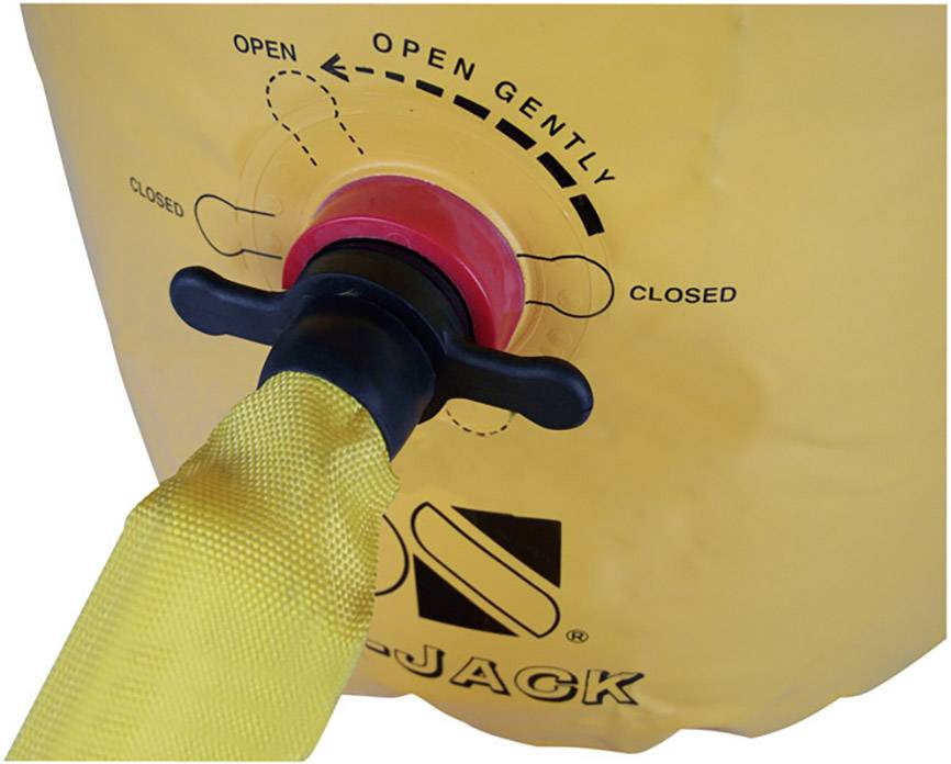 Un sollevatore pneumatico giallo con valvola e istruzioni per l'apertura e la chiusura. Un tubo giallo è fissato al valvolo.