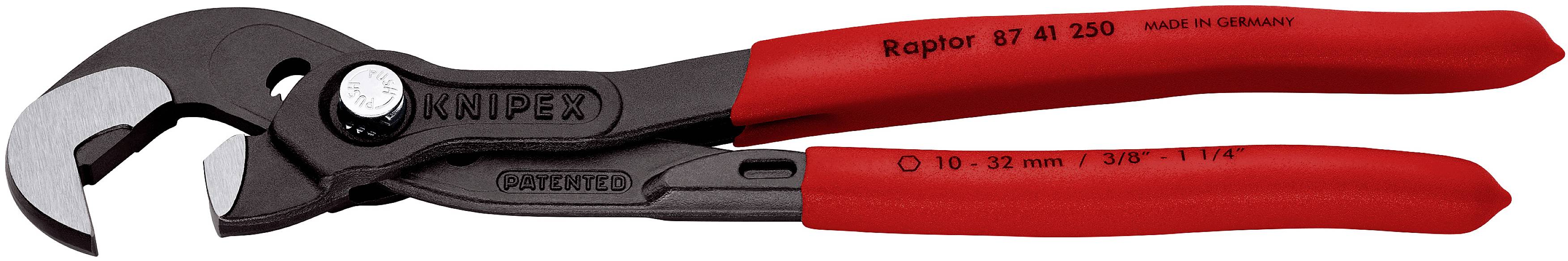 Pinza KNIPEX per tubi con testa nera, modello 'Raptor 87 41 250', adatta per raccordi da 10-32 mm, prodotta in Germania.
