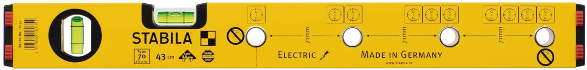 Livella a bolla di colore giallo con bolla verticale e orizzontale, con il testo stampato 'STABILA Electric Made in Germany' e simboli tecnici.