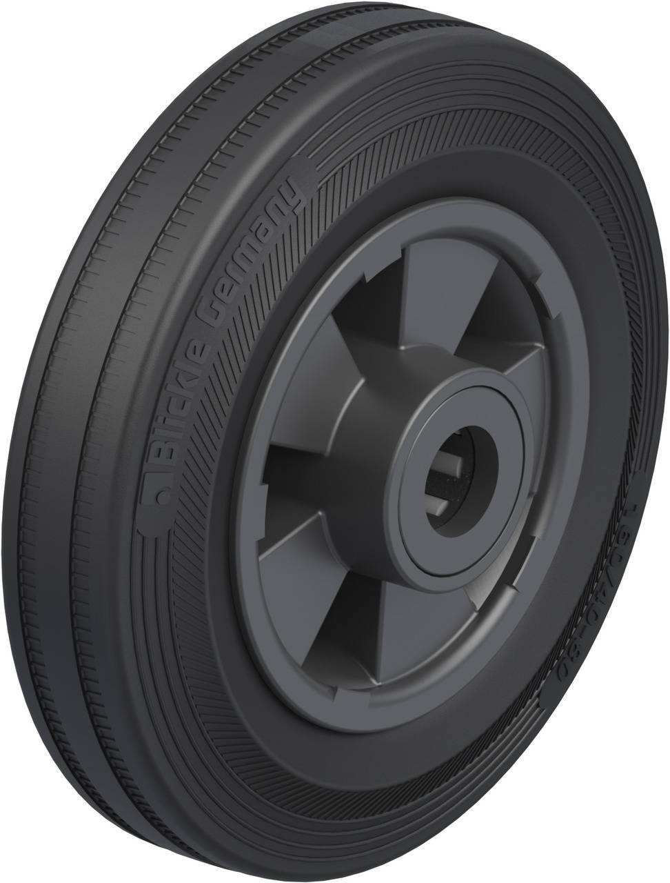 Ruota in plastica nera con profilo di scorrimento fine e foro centrale, ideale per carrelli di trasporto o applicazioni industriali.