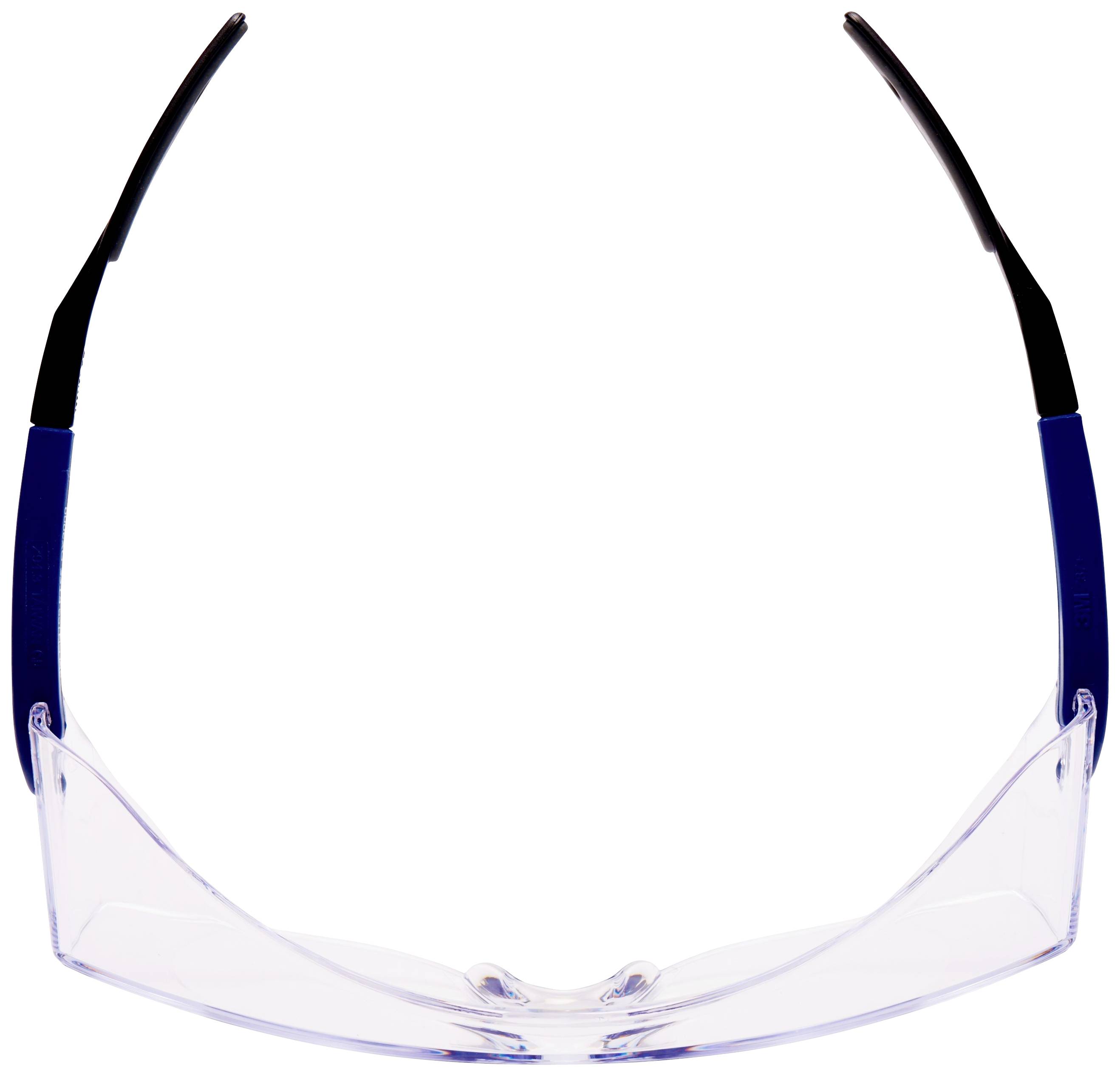 Occhiali protettivi con lenti trasparenti e stanghette nere, tipicamente indossati come misura di protezione in ambito industriale o di laboratorio.