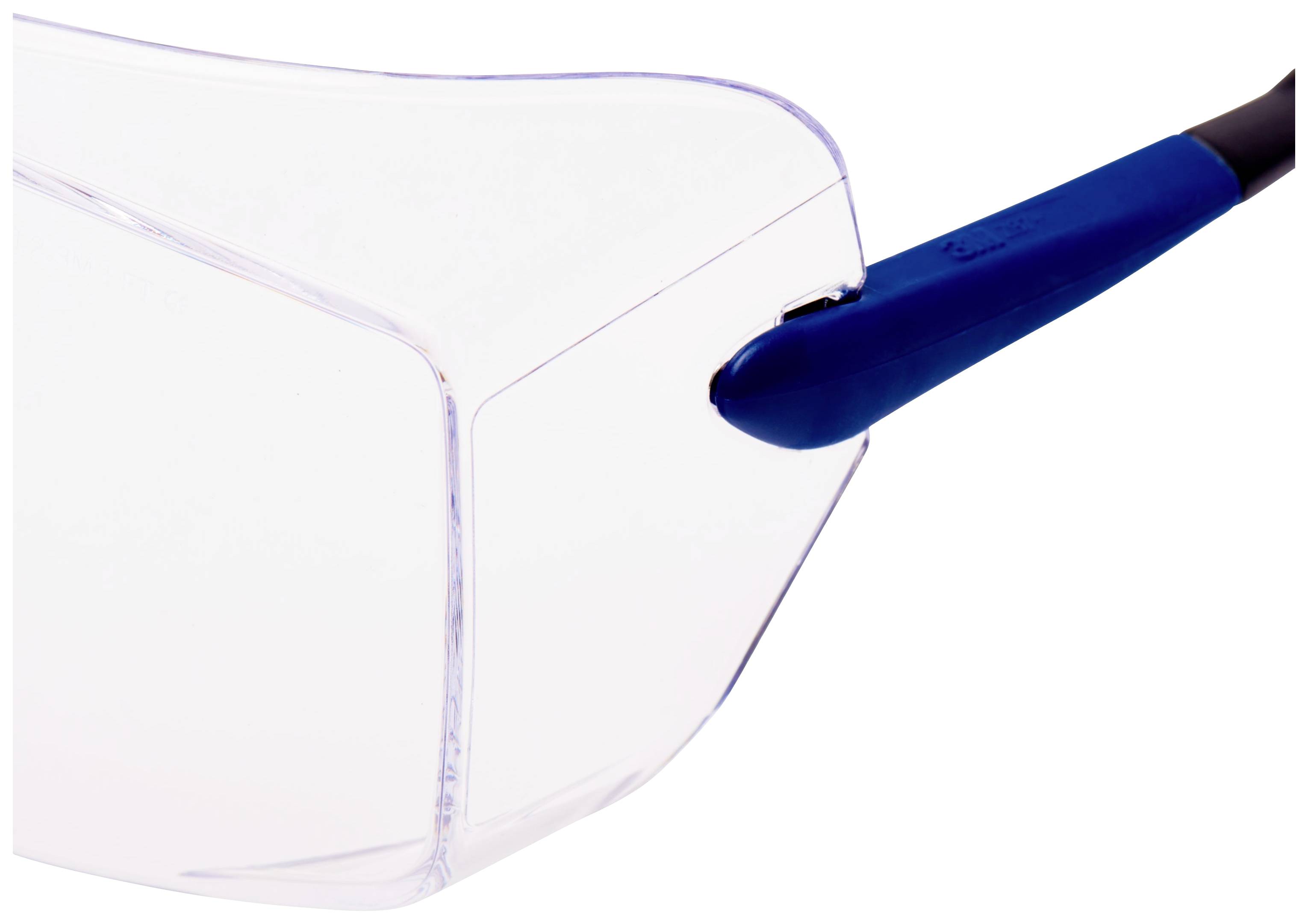 Un paio di occhiali protettivi trasparenti con stanghette blu.