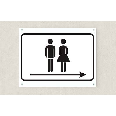 Cartello per bagno gender-neutral che mostra figure maschili e femminili con una freccia rivolta a destra che indica la direzione.