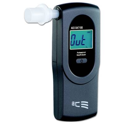 Un dispositivo nero per la misurazione dell'alcol con un display che mostra 'Out', con un boccaglio bianco in alto a sinistra, utilizzato per misurare il tasso alcolemico.