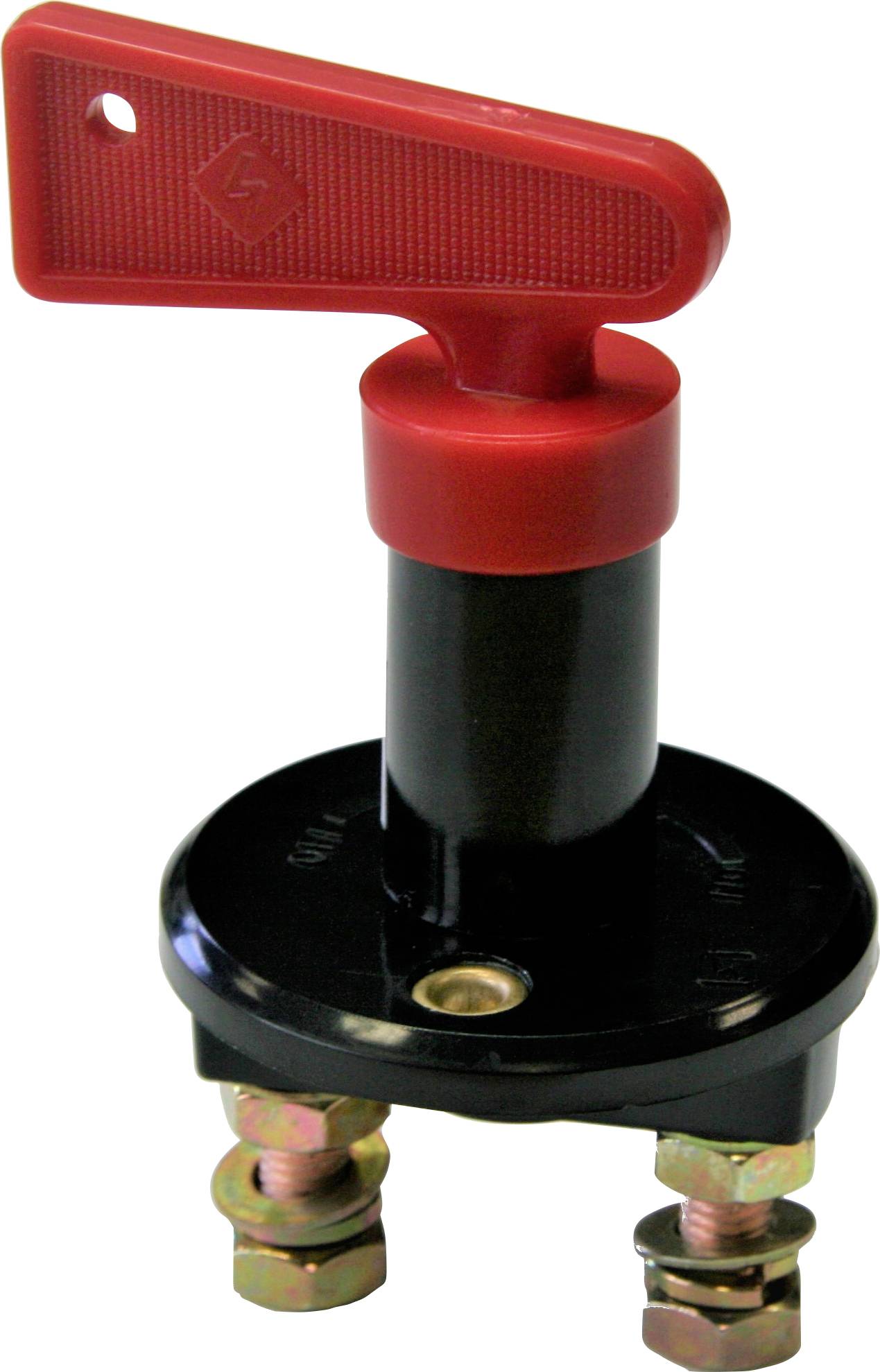 Interruttore di disconnessione della batteria rotativo rosso con maniglia a leva e due terminali inferiori su sfondo bianco.