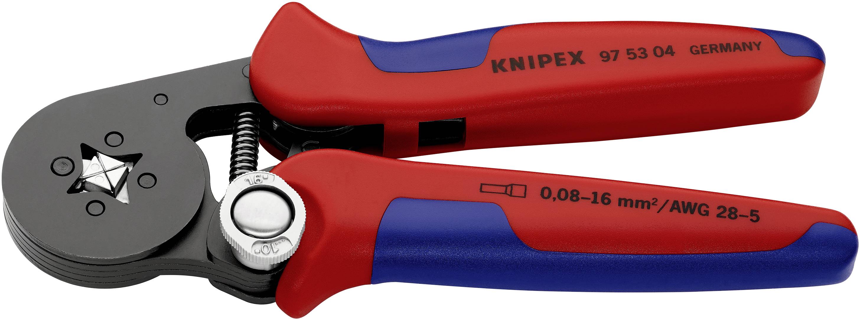 Pinza crimpatrice manuale Knipex in rosso e blu, adatta per capicorda da 0,08-16 mm², con impugnature ergonomiche e design robusto.