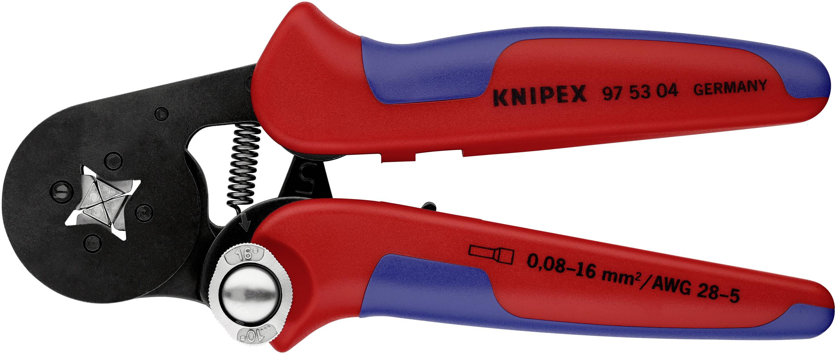 Una pinza taglia-cavi Knipex rossa e blu con testa di taglio nera, adatta per cavi da 0,08-16 mm², prodotta in Germania.