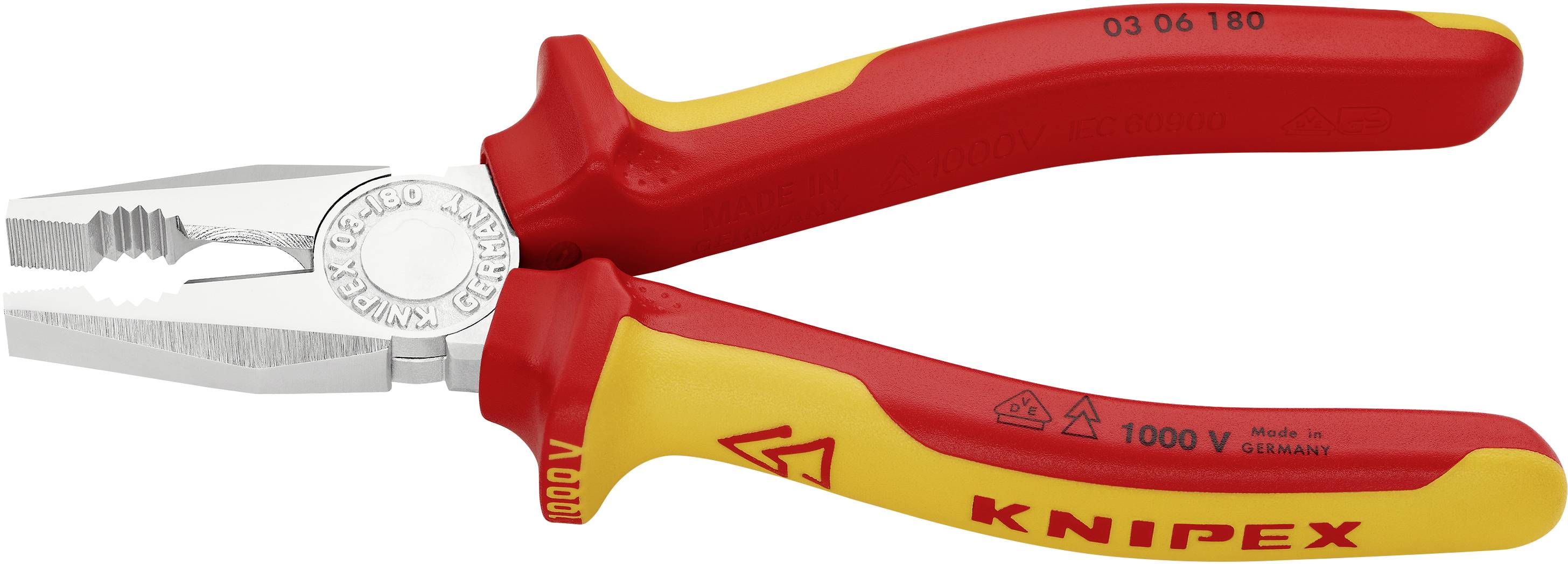 Una pinza combinata con impugnature rosse e gialle, idonea per lavori fino a 1000 Volt, prodotta in Germania da Knipex.