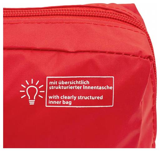 Una borsa rossa con un'etichetta stampata che mostra un'icona a forma di lampadina e il testo: 'con sacca interna ben strutturata'.