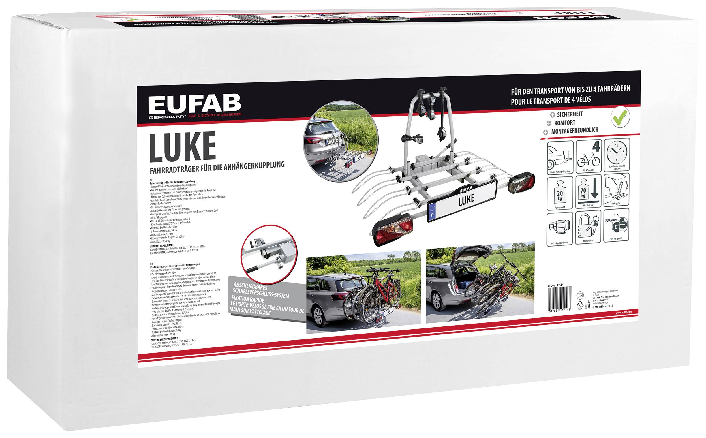 Packaging di un portabiciclette per gancio traino, marca 'Eufab Luke'. Mostra istruzioni di montaggio, simboli di sicurezza e dettagli sulla capacità.