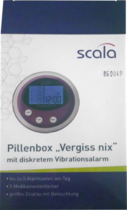 Pillola elettronica 'Non dimenticare' con display e allarme vibrante, offre fino a 5 orari di promemoria e 5 scomparti per medicinali.