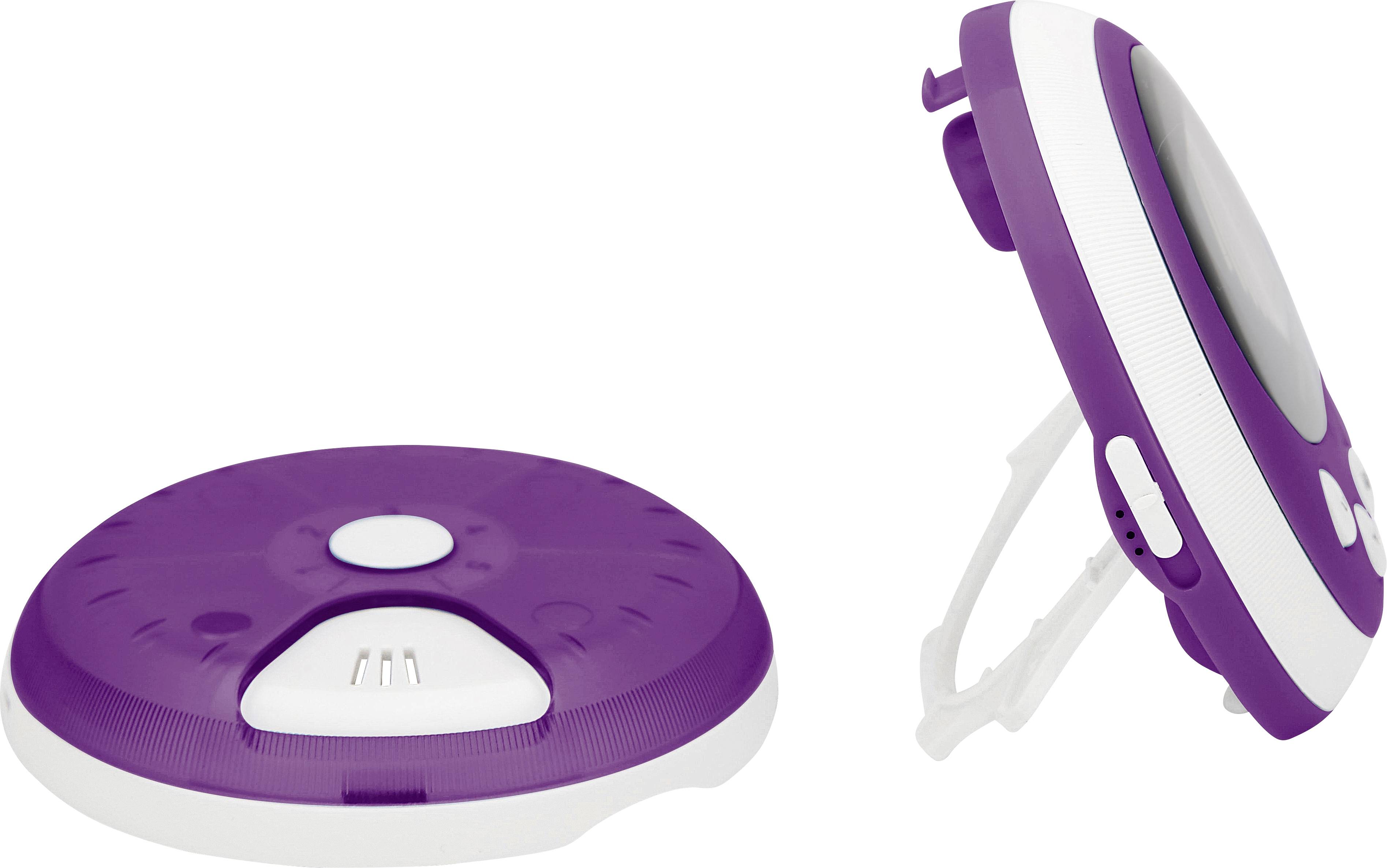 Lettore CD portatile bianco-lilla con forma circolare, tasto di riproduzione superiore e supporto laterale per l'orientamento verticale.