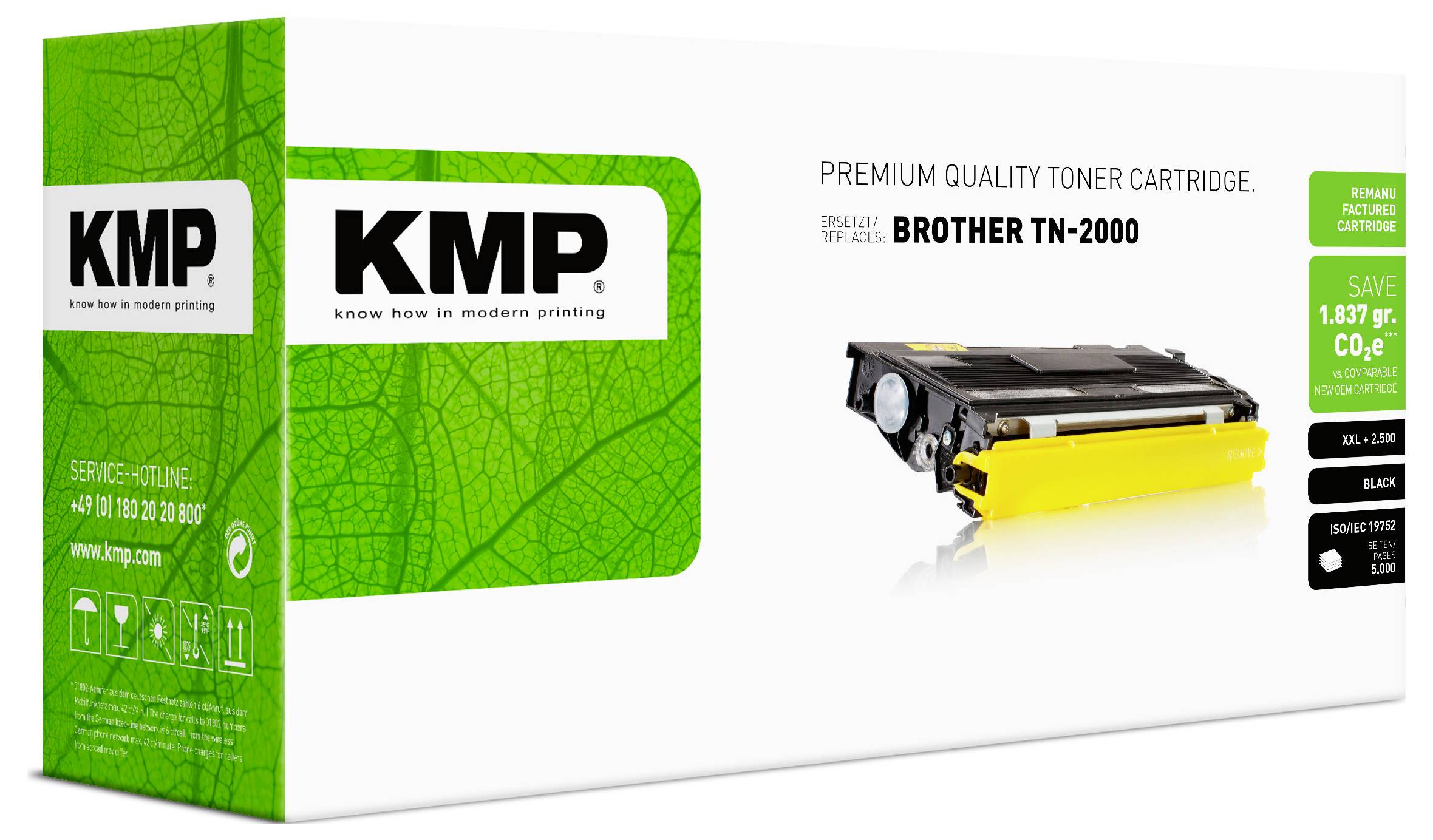 Cartuccia di toner di qualità premium KMP per Brother TN-2000, mostrata con immagine della cartuccia e branding del packaging verde.