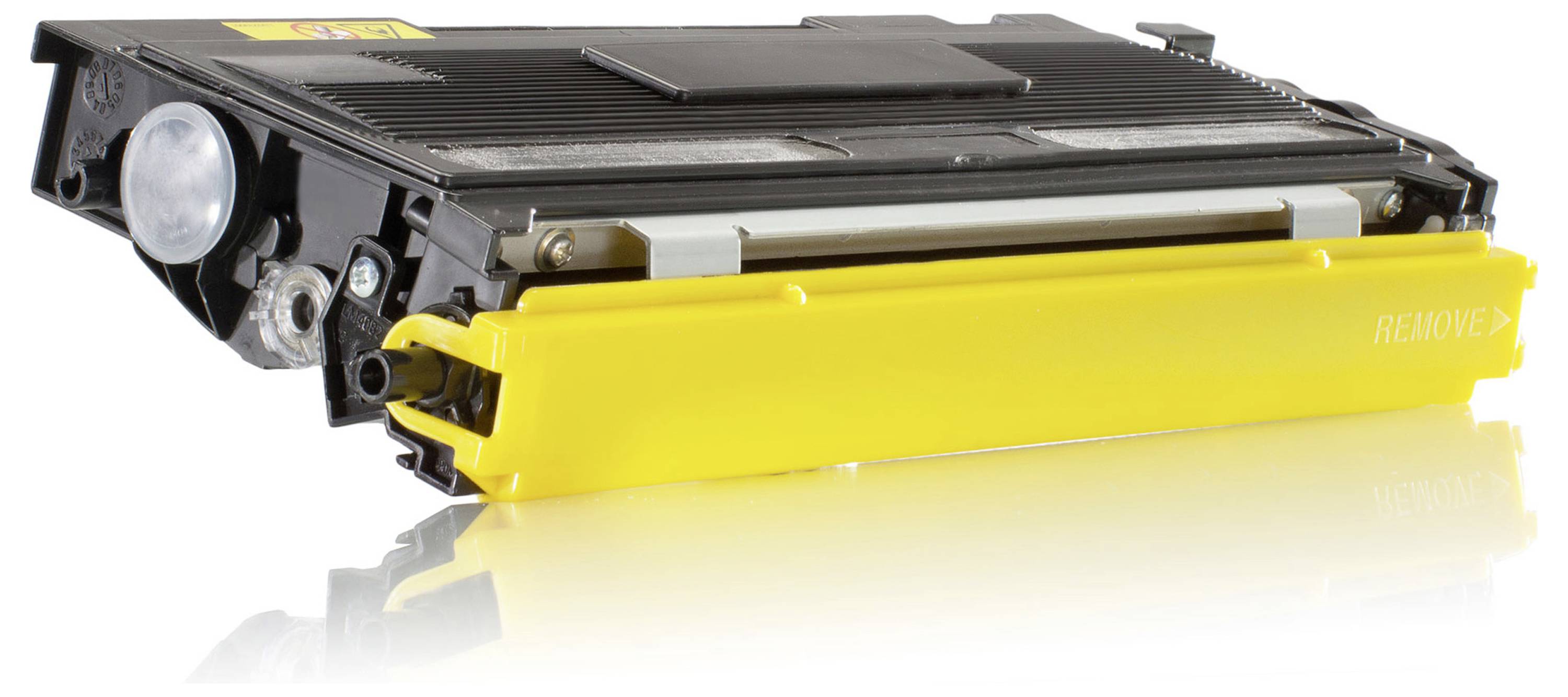 Cartuccia di toner giallo con alloggiamento nero, mostrata isolata su sfondo bianco, inclinata per mostrare il lato anteriore e l'etichetta "RIMUOVERE".