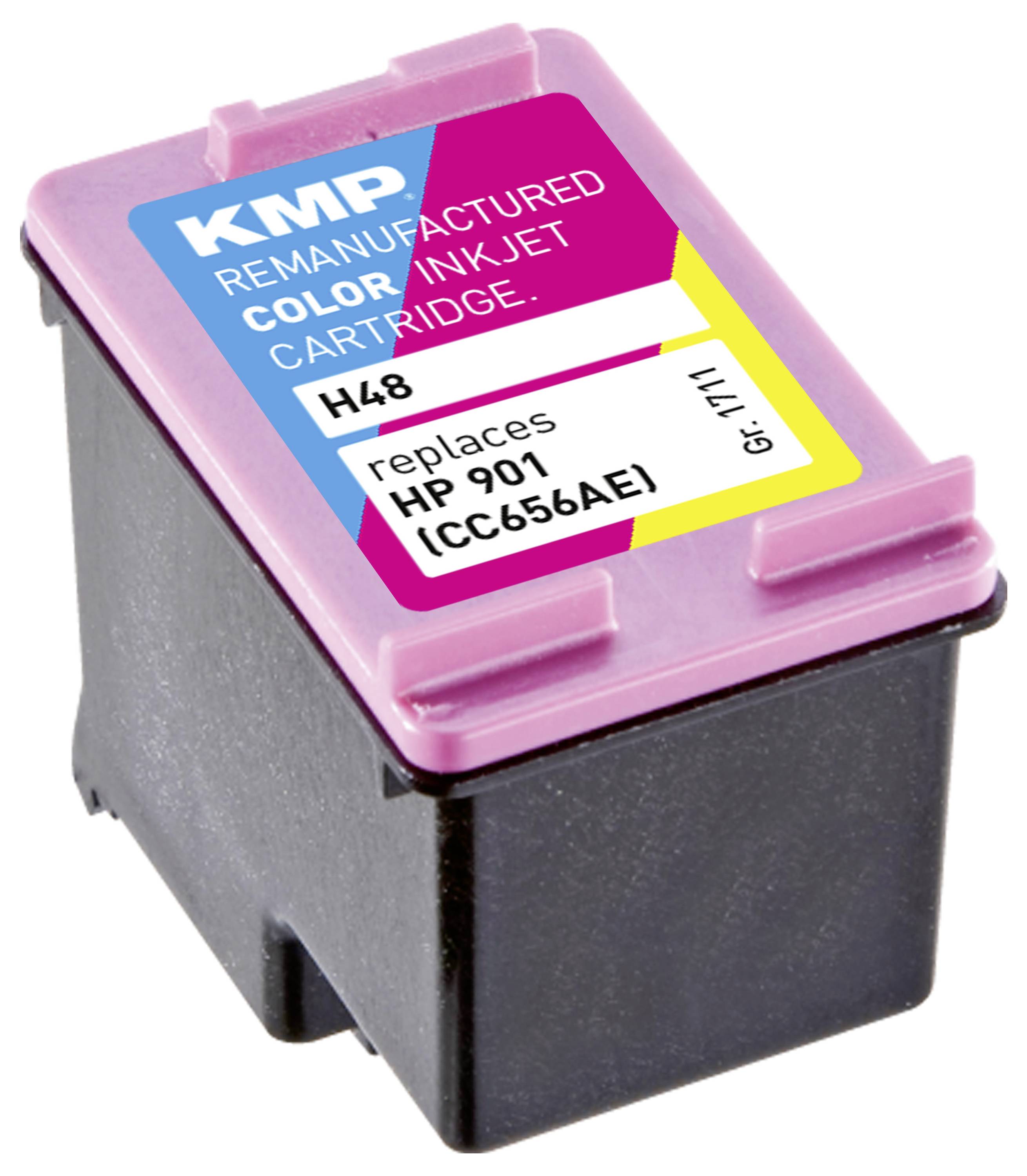 Cartuccia per stampante, parte superiore rosa, etichetta: 'KMP Remanufactured Color Inkjet Cartridge H48', compatibile con 'HP 901 (CC656AE)'.