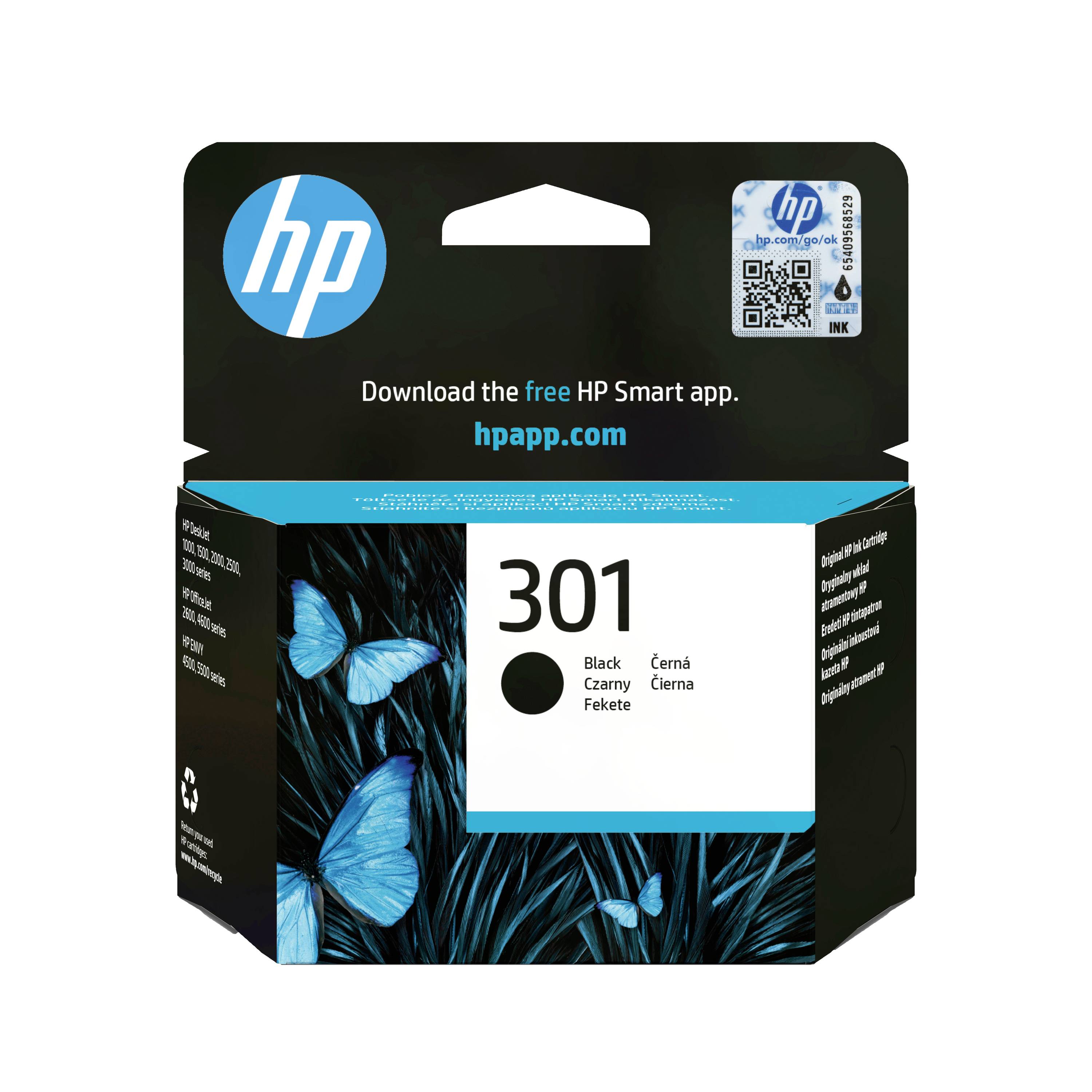 Confezione della cartuccia d'inchiostro nero HP 301 con logo HP, avviso dell'app HP Smart e design a farfalla blu.