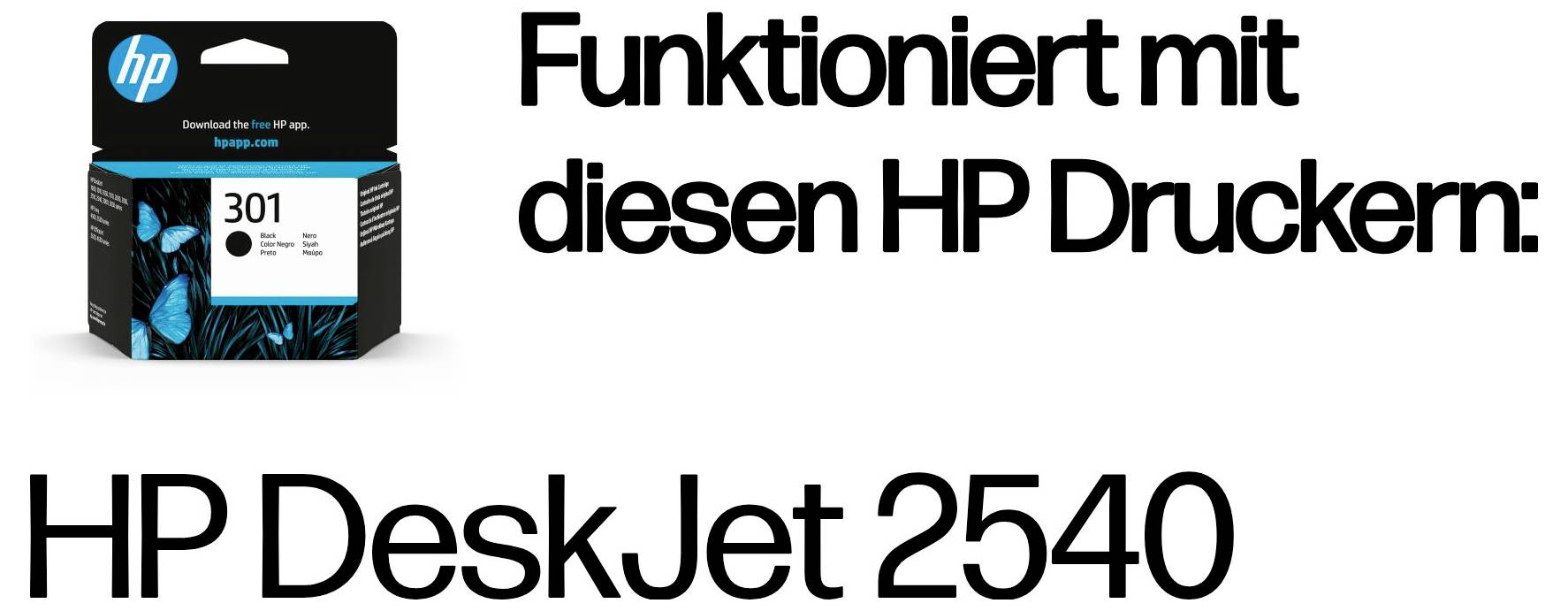 Confezione della cartuccia d'inchiostro HP 301 con etichetta "Funziona con queste stampanti HP: HP DeskJet 2540".