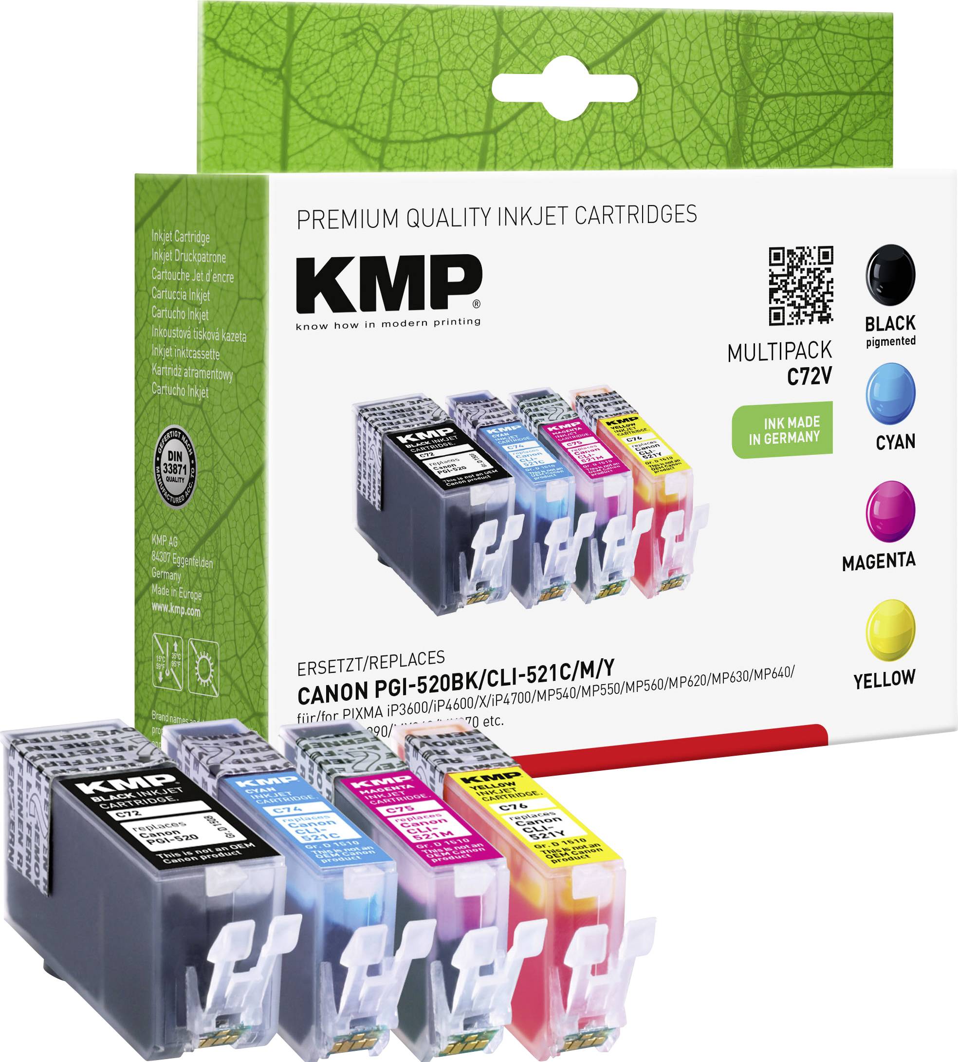 Cartuccia KMP Compatibile sostituisce Canon PGI-520PGBK, CLI-521C, CLI-521M, CLI-521Y Imballo multiplo Nero, Ciano, Magenta, Giallo C72V 1508,0005