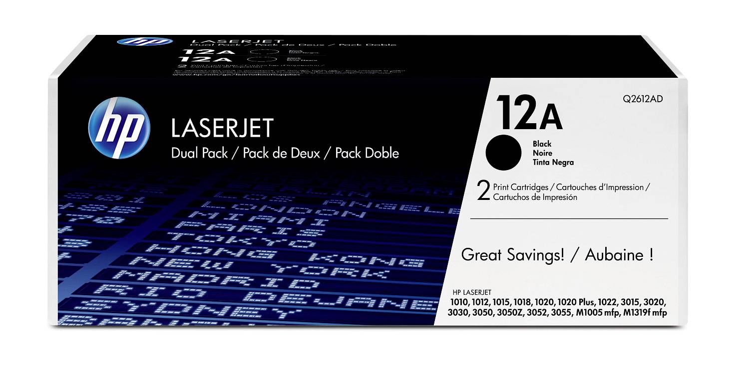 Confezione doppia di toner nero HP LaserJet 12A, etichettata 'Great Savings! / Aubaine!' compatibile con modelli di stampanti LaserJet multipli.