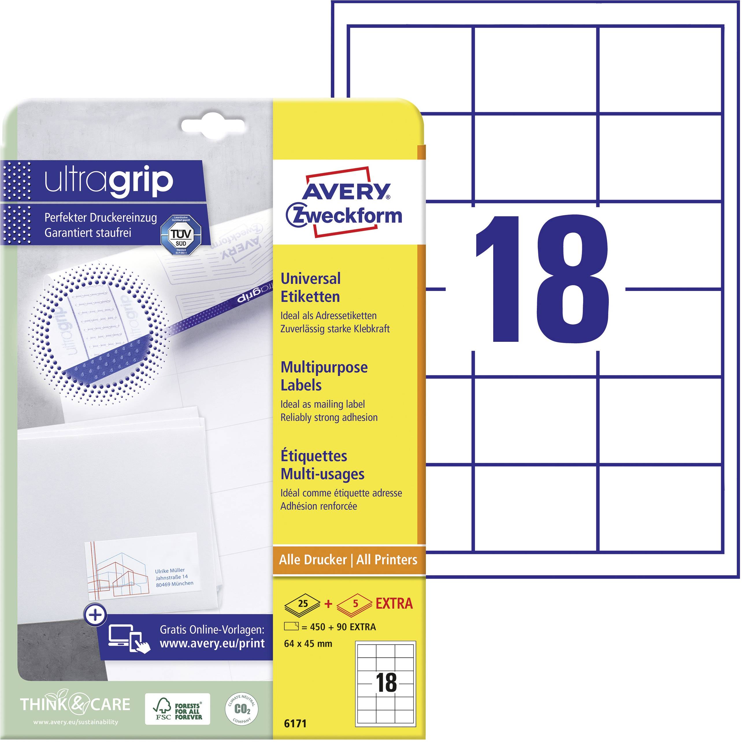 'UltraGrip Universal Labels' di Avery Zweckform, 18 etichette per foglio, 64 x 45 mm, adatte a tutti i tipi di stampanti.