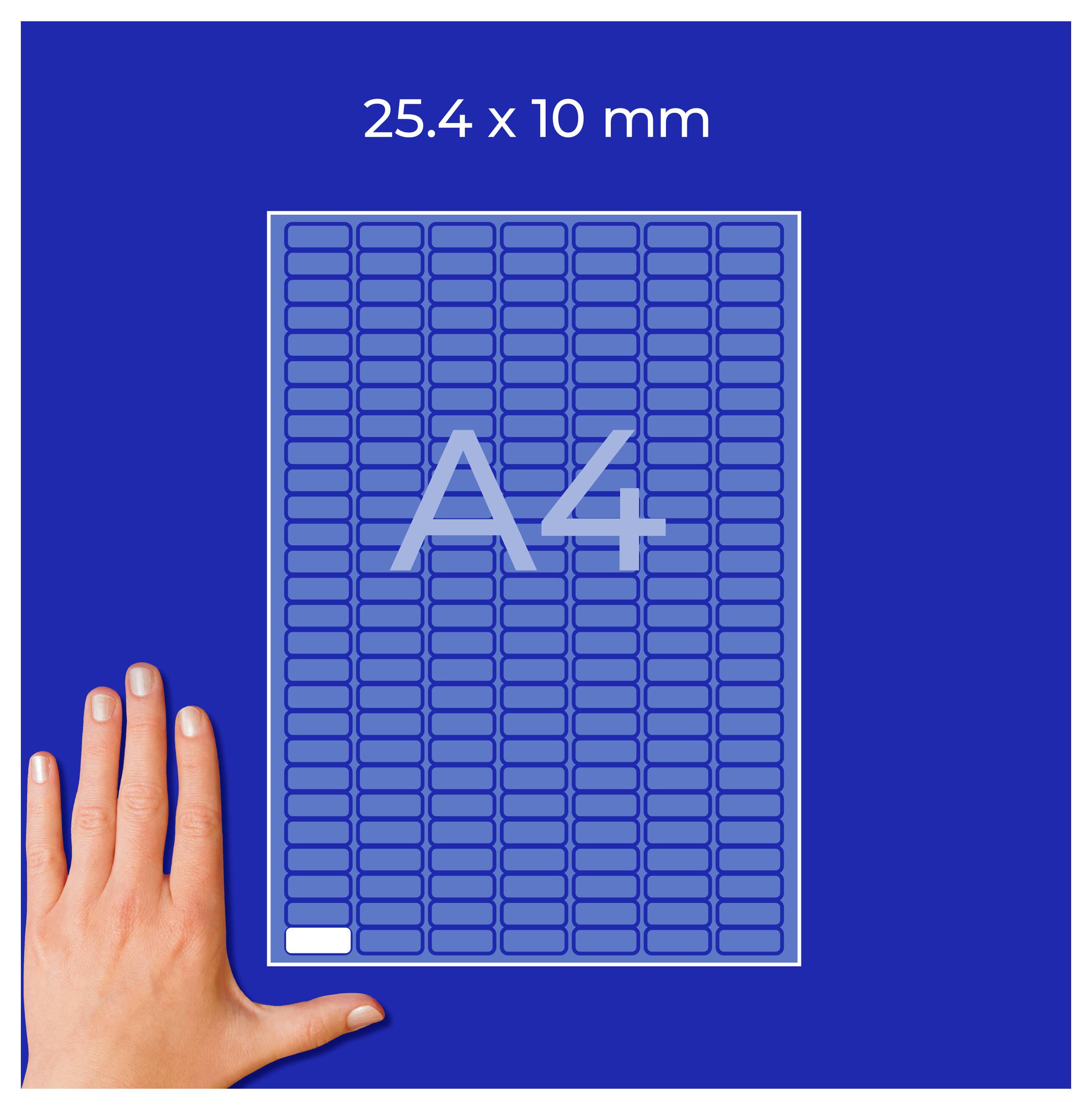 Formato A4 con misure 25,4 x 10 mm, rappresentato come foglio grande; una mano accanto chiarisce le dimensioni.