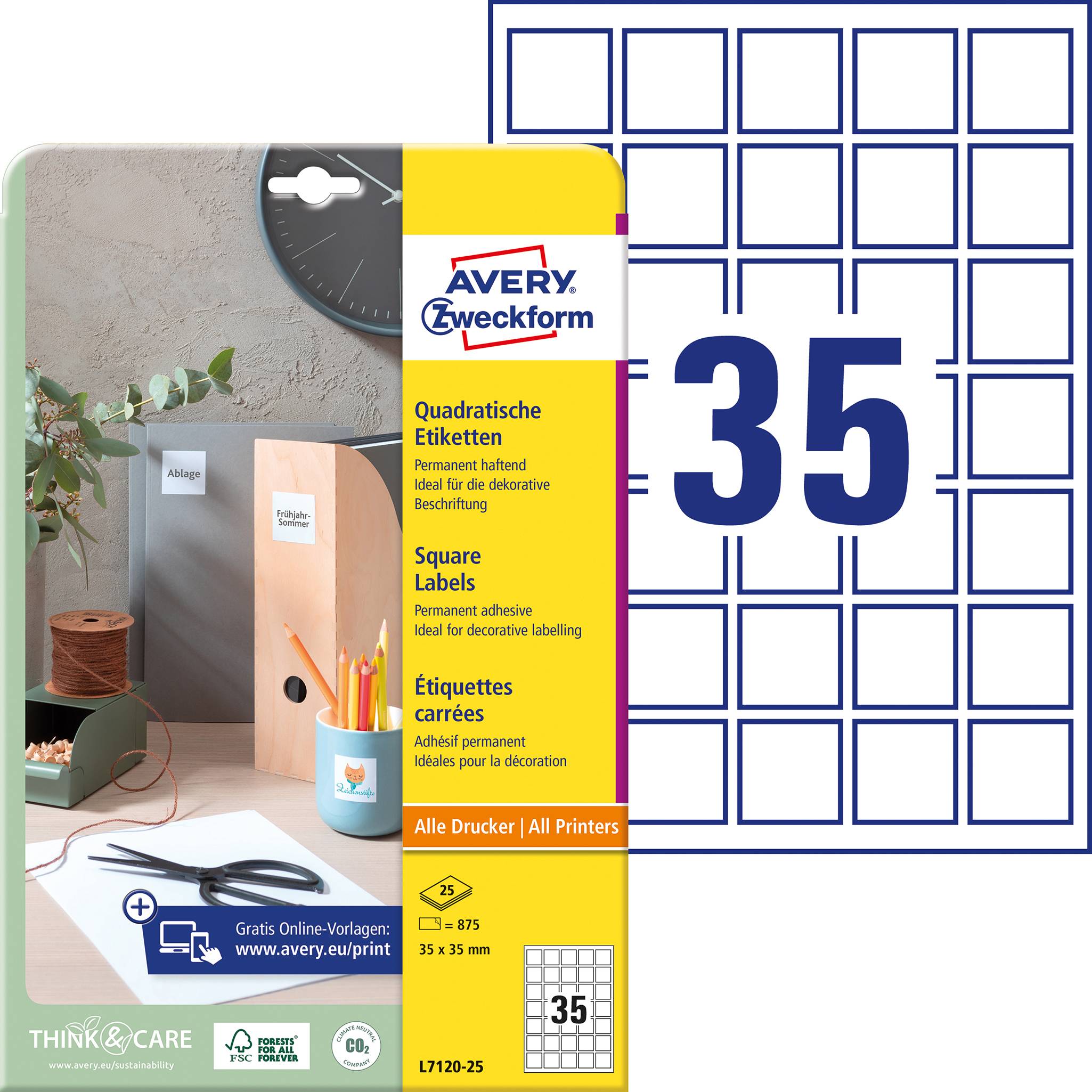 'Etichette' su una scrivania con piante, portapenne e cucitrice. Grafica che mostra 35 etichette quadrate di Avery Zweckform.