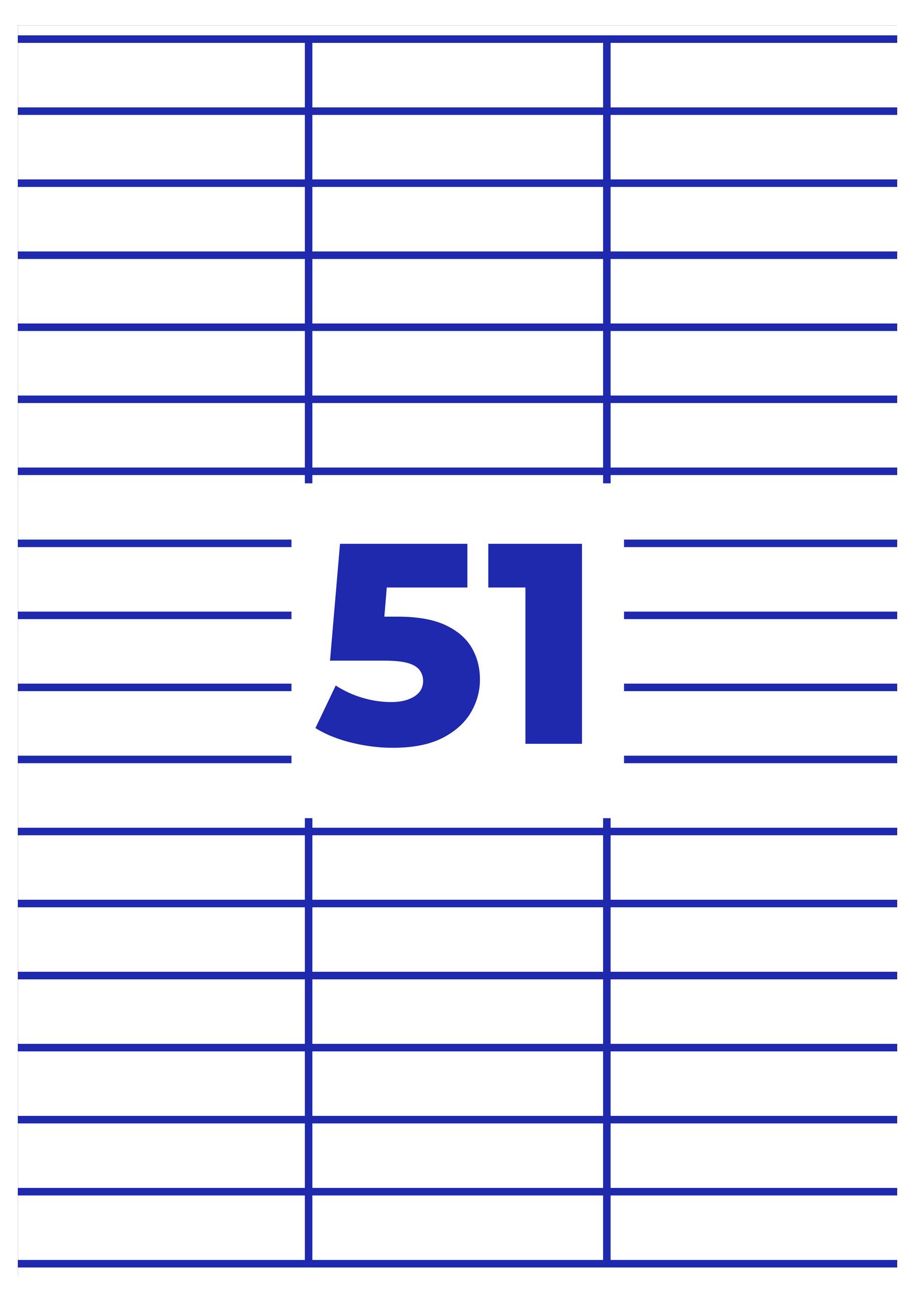 Numero blu grande 51 al centro su sfondo bianco con sottili linee blu come un foglio di tabella o calendario.