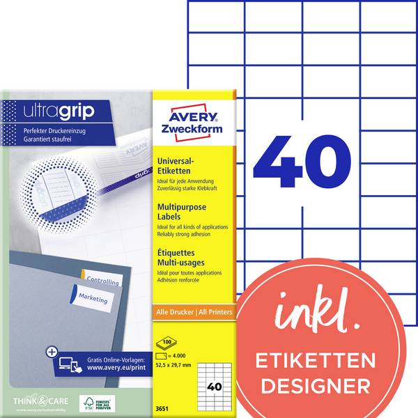 Avery-Zweckform 3651 Etichetta universale 52.5 x 29.7 mm Carta Bianco 4000 pz. A tenuta permanente Stampante a getto d'inchiostro, Stampante laser, Stampante laser a colori, Fotocopiatrice, Stampante a colori, Dicitura a mano