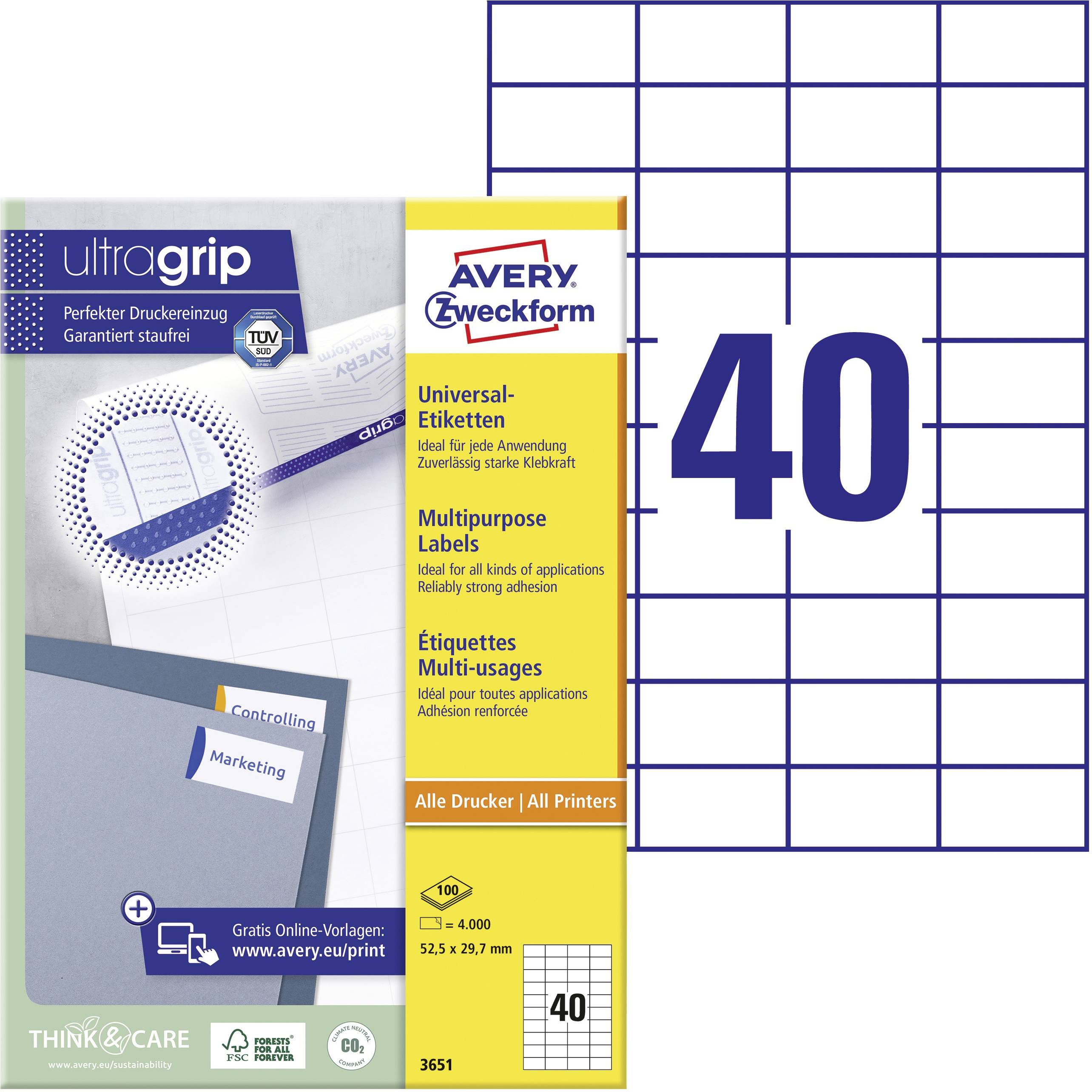 'Etichette Ultragrip Universal di Avery Zweckform, 40 etichette per foglio. Ideali per applicazioni versatili, adatte a tutte le stampanti.'
