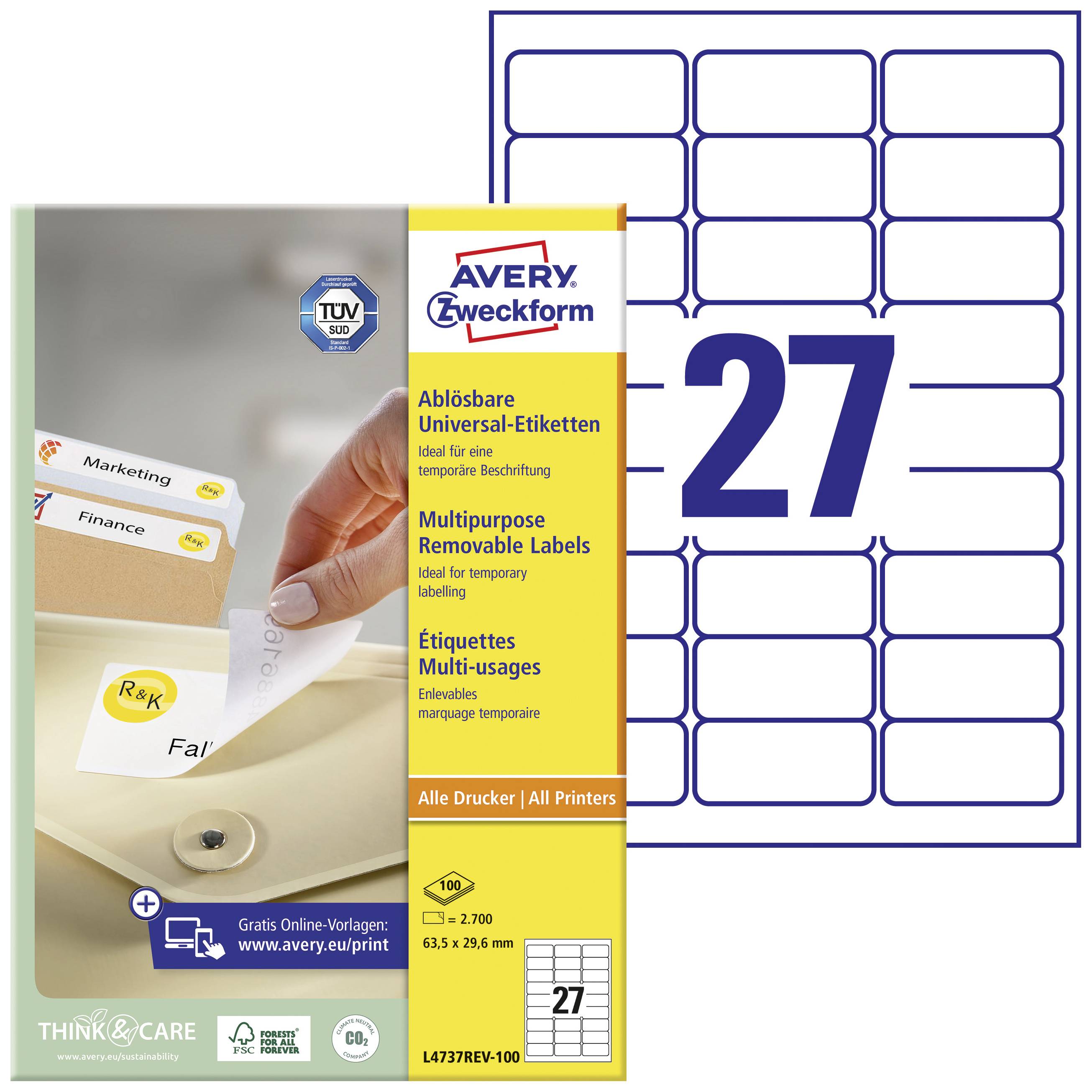 'Avery Zweckform etichette universali removibili, design della confezione giallo con 27 etichette per foglio, adatte a tutti i tipi di stampanti.'