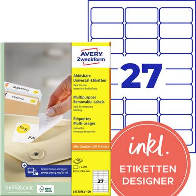 'Avery Zweckform etichette universali removibili, design della confezione giallo con 27 etichette per foglio, adatte a tutti i tipi di stampanti.'
