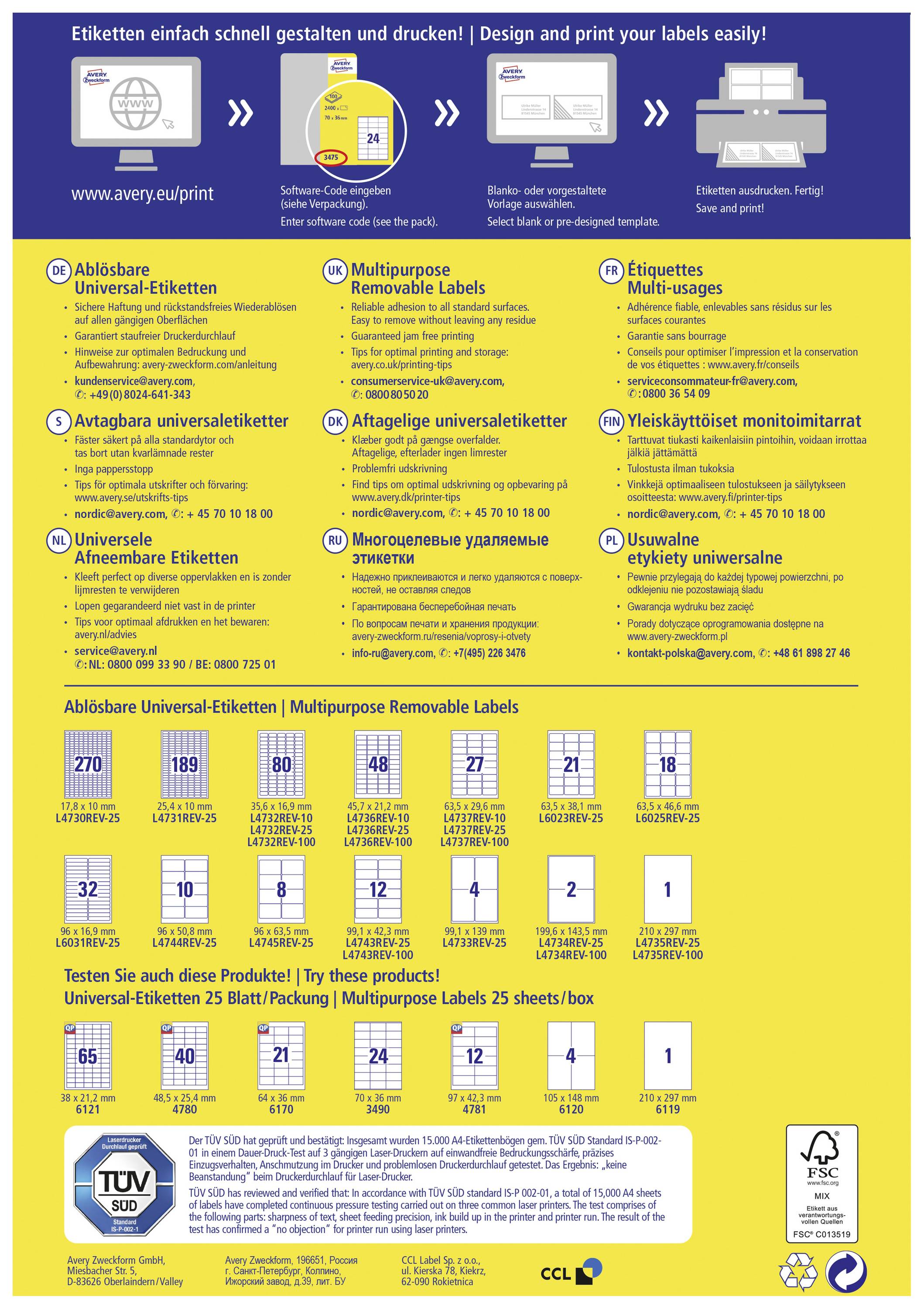 Poster illustra i diversi tipi di etichette Avery per vari utilizzi. Presenta una panoramica delle etichette universali e removibili con numeri di prodotto, formati e quantità per confezione.