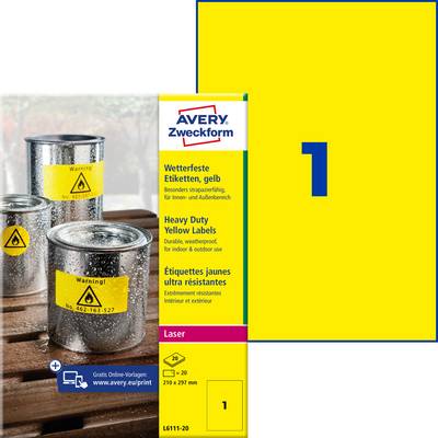 'Etichette resistenti alle intemperie, gialle, Avery Zweckform, 20 pz., 210 x 297 mm. Adatte per laser. Utilizzate su contenitori con avviso di pericolo.'