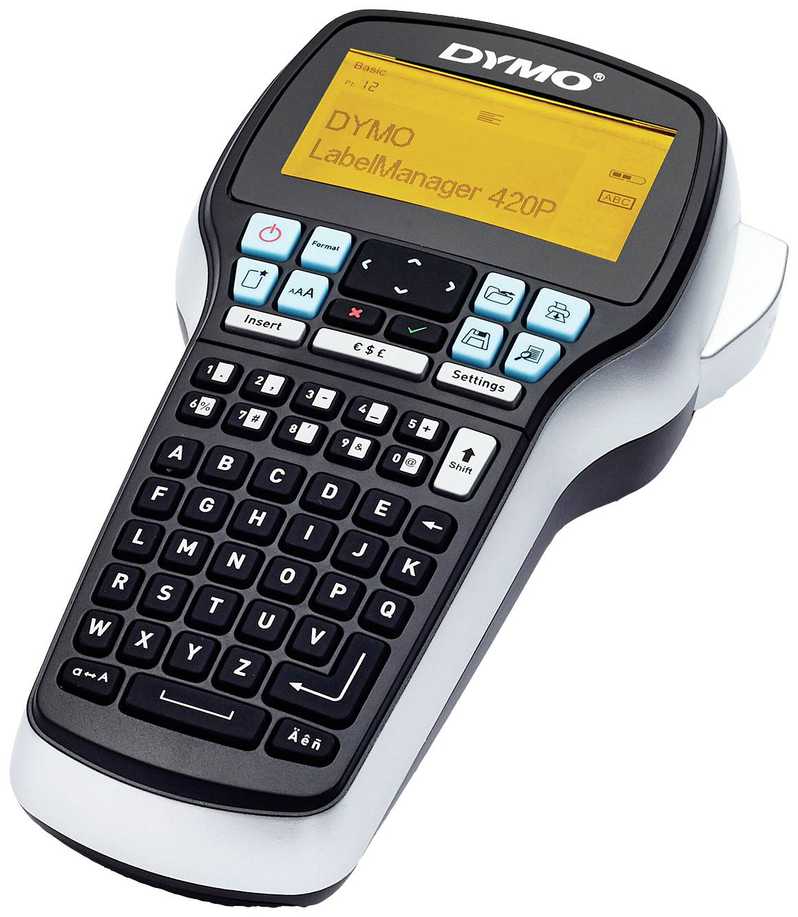 Etichettatrice manuale con tastiera QWERTZ e schermo che mostra 'DYMO LabelManager 420P'