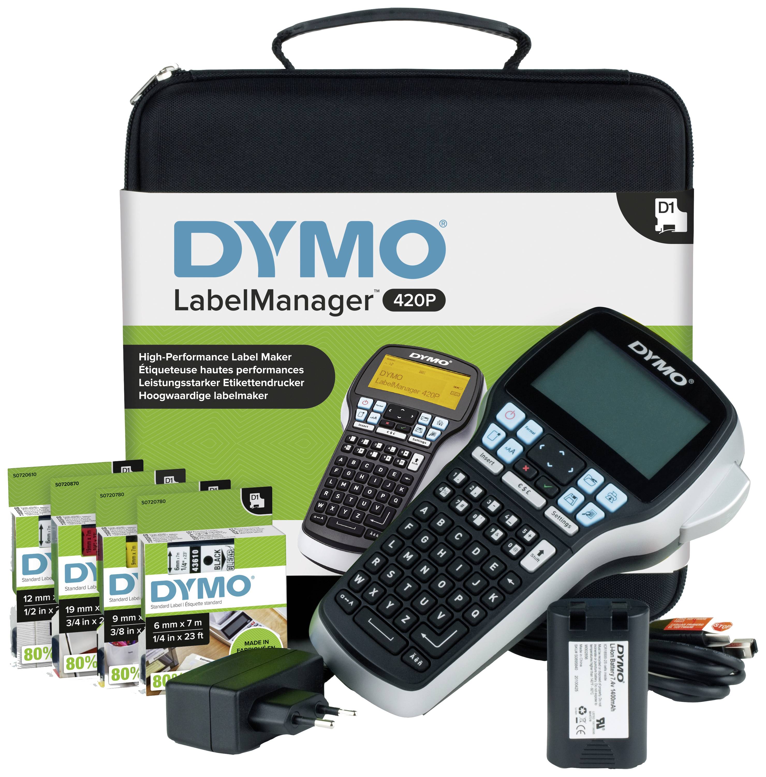 Set di Etichettatrice DYMO LabelManager 420P con borsa da trasporto, adattatore di rete e quattro rotoli di etichette. Ideale per etichettature professionali.
