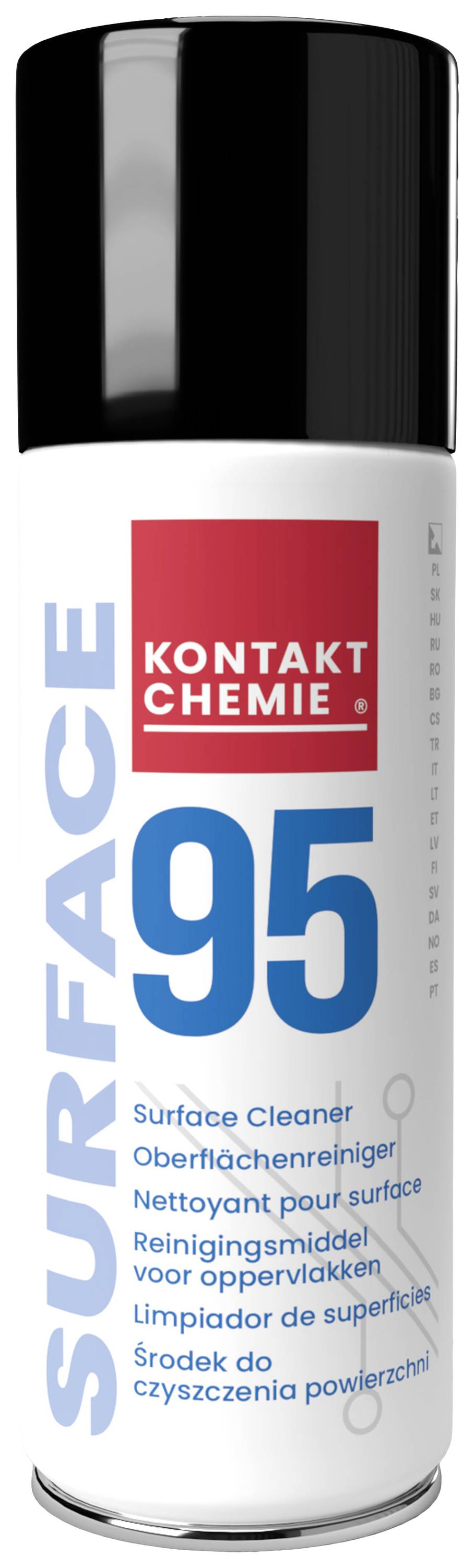 Spray detergente per superfici 'Kontakt Chemie Surface 95'. Etichettature in tedesco, inglese, francese, olandese, spagnolo, polacco.