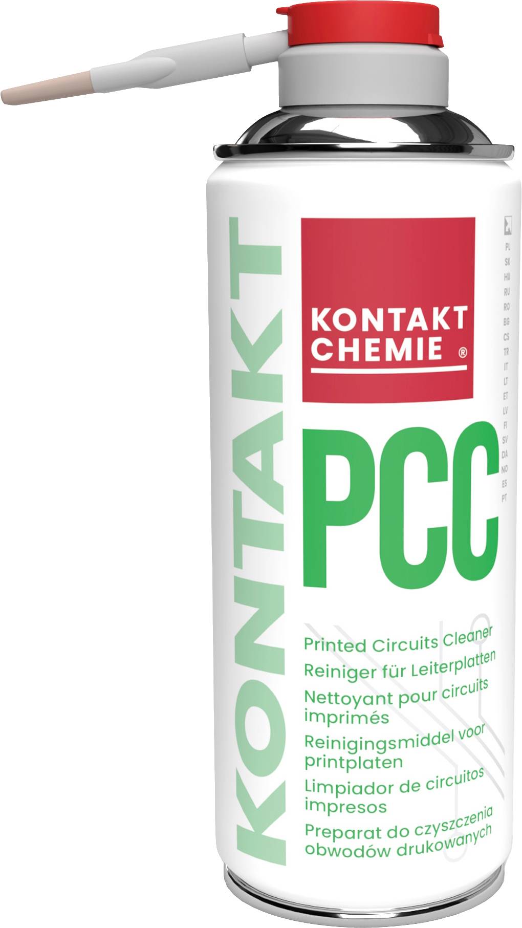 Bomboletta spray con scritto 'KONTAKT PCC', un detergente per circuiti stampati.