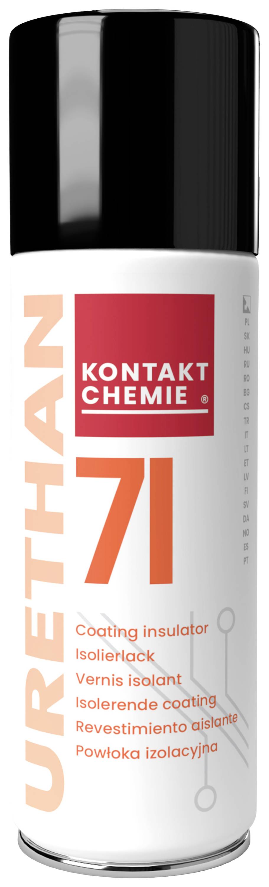 Bomboletta spray con la scritta 'KONTAKT CHEMIE 71 URETHAN'. Rivestimento isolante, sfondo bianco.