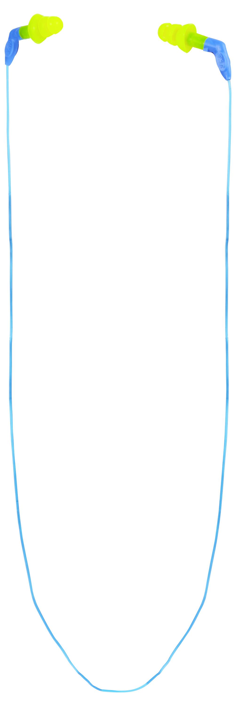 Cavi delle cuffie blu con auricolari verdi alle estremità, disposti liberamente a forma di U.